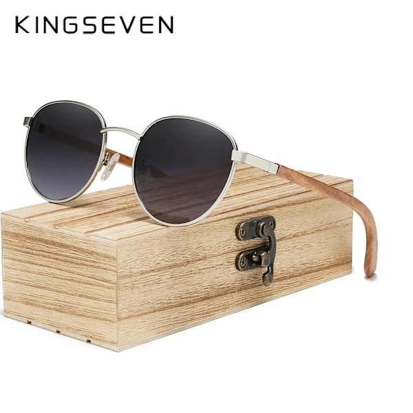 KINGSEVEN Mode polariserade solglasögon för män Kvinnor Handgjorda naturliga träglasögon rund ram UV400 skyddssolglasögon Gradient Gray Original KINGSEVEN