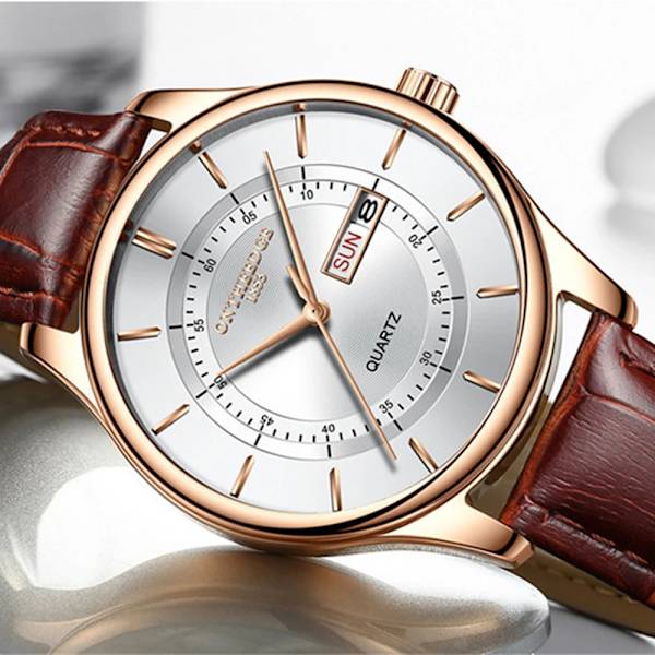 Hög kvalitet Rose Gold Urtavla Watch Män Läder Vattentäta Klockor Affärsmode Japan Quartz Rörelse Datum Man Klocka reloj Silver