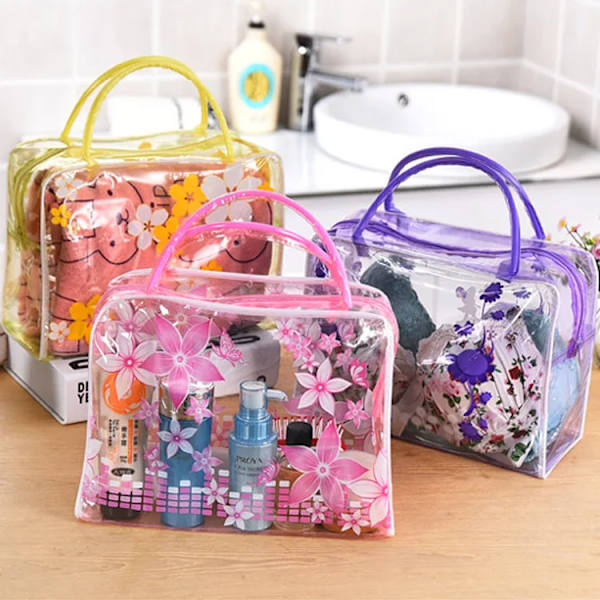 Kvinnor Blomma PVC Transparent kosmetisk väska Mode Tjej Resor Smink Toalettväskor Smink Organizer Case Tygväska Blue
