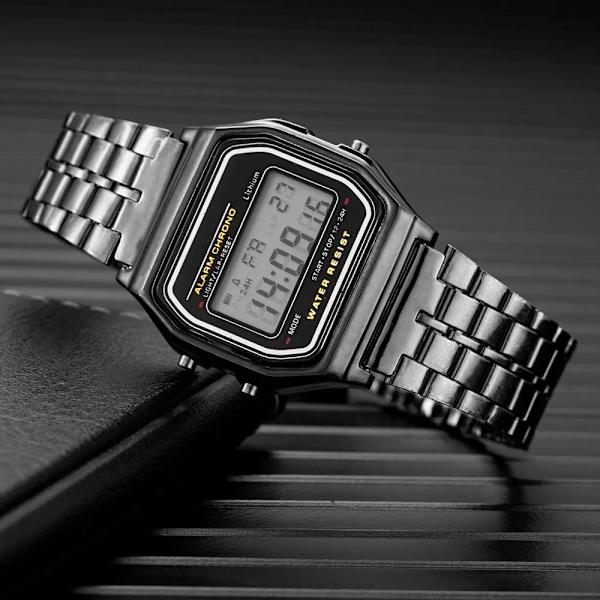 Harajuku Luxury TOP Brand Watch Guld Rostfritt stål WR F91W LED Elektronisk Vattentät Multifunktion Fyrkantig Digital Watch Silver