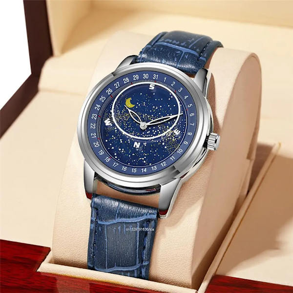 Mode Kreativitet Märkesklockor För män Lysande stjärnhimmel Design Watch Comfort PU Läder Herr Armbandsur Klocka black