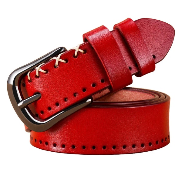 Äkta läderbälten för kvinnor Modedesigner syr ihop kvinnabälte Kvalitetsnålsspänne koskinnsrem kvinnlig bredd 2,8 cm Red 105cm