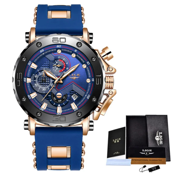 2023 LIGE Lyx Herrklockor Original Case Stor Watch Herr Business Armbandsur Watch för Herr Relogio Masculino+Box S golden blue