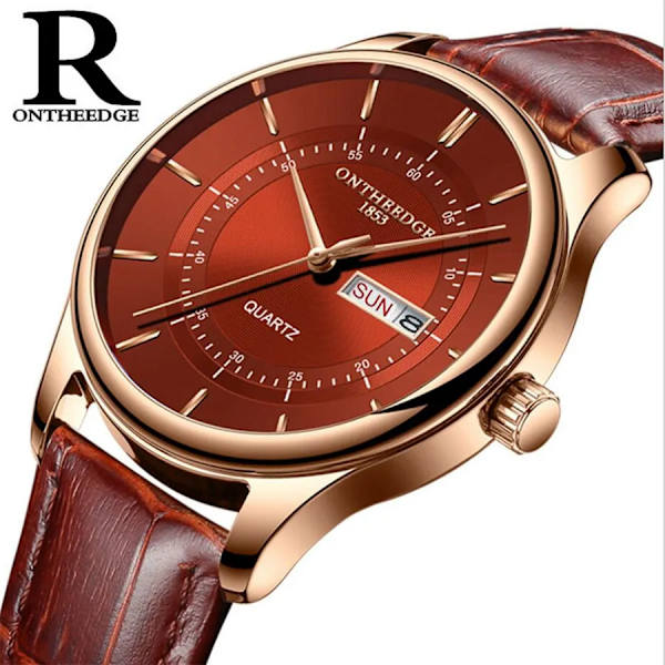 Hög kvalitet Rose Gold Urtavla Watch Män Läder Vattentäta Klockor Affärsmode Japan Quartz Rörelse Datum Man Klocka reloj Rose gold brown