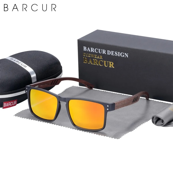 BARCUR Solglasögon för män Märkesdesigner Naturligt valnötsträ Solglasögon Dam Polariserade glasögon UV400 Eyewear Oculos Black Orange EVA BARCUR