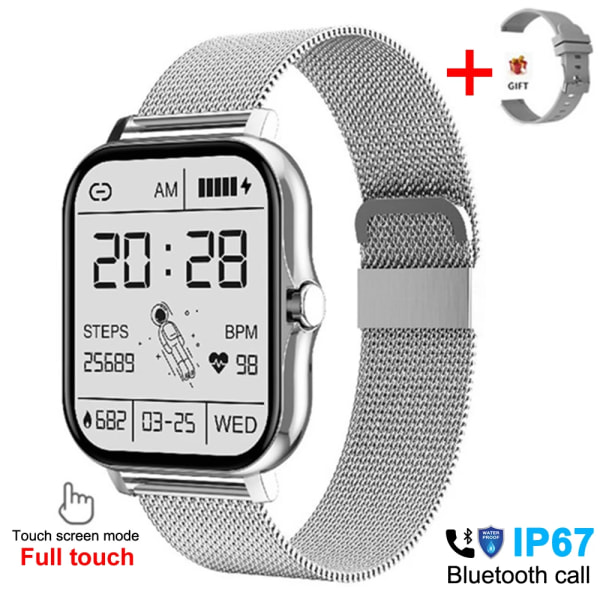 Smart Watch Herr Dam Fitness Bluetooth Call Connected Klockor Vattentät Man Smartwatch För Android IOS Reloje Inteligente Mesh belt Silver