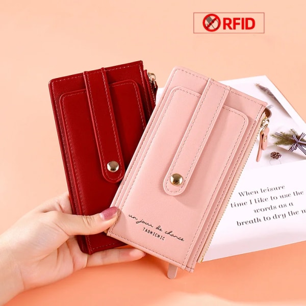 RFID Kvinnor Korthållare Mjukt läder Myntväska Plånböcker Kvinnliga Kreditkort Plånbok Dam Dubbel Dragkedja Mini Clutch Väskor Pink