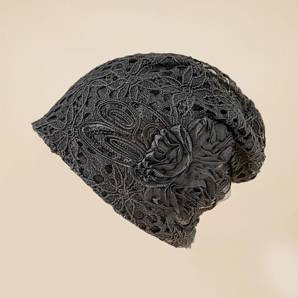 Dam Beanie Hatt med Spets för Vår & Höst - Unik Svart Hatt med Blommor - Etnisk Stil Stickad Mössa khaki