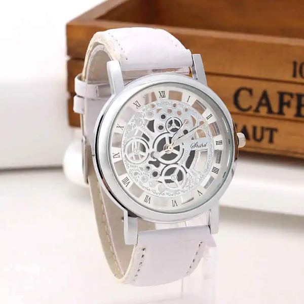 2020 Herrklockor Mode Transparent Hollow Klockor Läderband Quartz Armbandsur Kampanjpris Reloj Hombre silver white