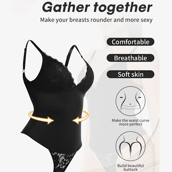 Sexig kvinnlig spetsbody för kvinnor Magkontroll Shapewear ärmlösa toppar Body Shaper V-hals Backless Jumpsuit Fajas stringtrosor Black XL