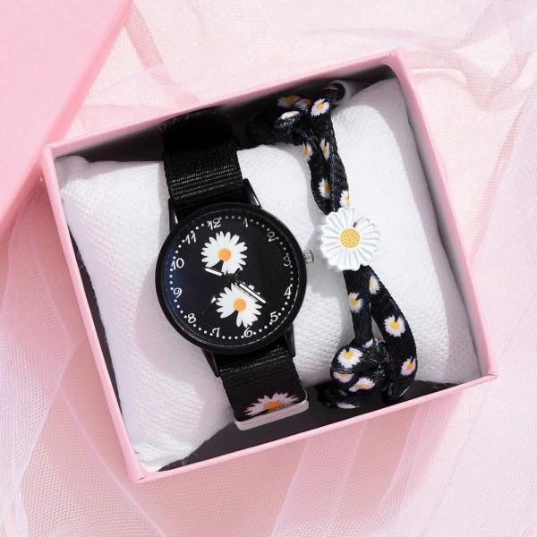 Watch Nylon Daisy Flowers Damarmbandsur Modeklockor Set Quartz Clock s relogio feminino set 2