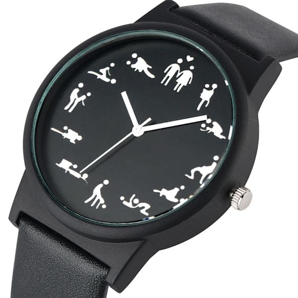 Creative Fun Quartz Watch for Herr Black Dial Quartz Watches Bekvämt svart läderarmbandsur för män