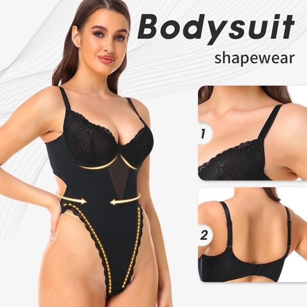 Bodysuit med spets för kvinnor Shapewear med inbyggd bh Full Body Shaper Butt Lifter Magkontroll V-ringad linne med öppen gren Beige M