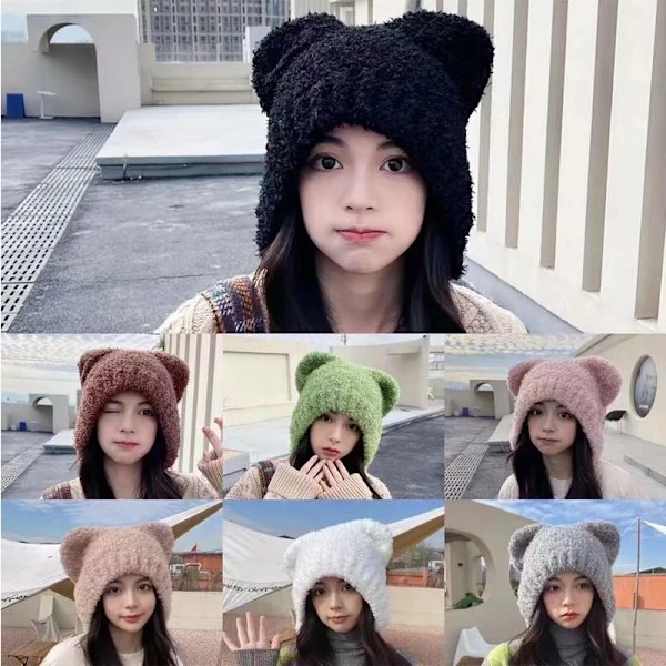 Nya Öron Höst Vinter Beanies Söta Säkerhetsbjörnar Hatt För Kvinnor Varm Tjock Lamb Fleece Resehätt Pullover Utomhus Dammössa Red Adult average size