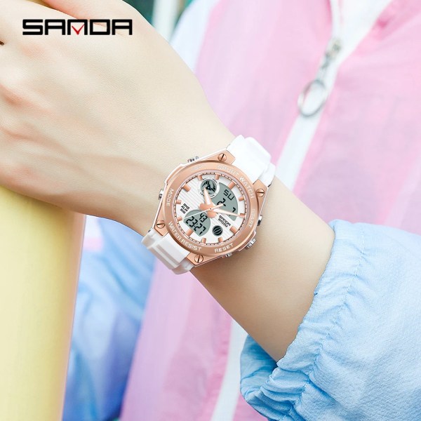 SANDA 2023 Toppmärke Mode Damklockor Vattentät Sport Digital Quartz Armbandsur Casual Clock Present Relogio Feminino 6067 White Rosegold