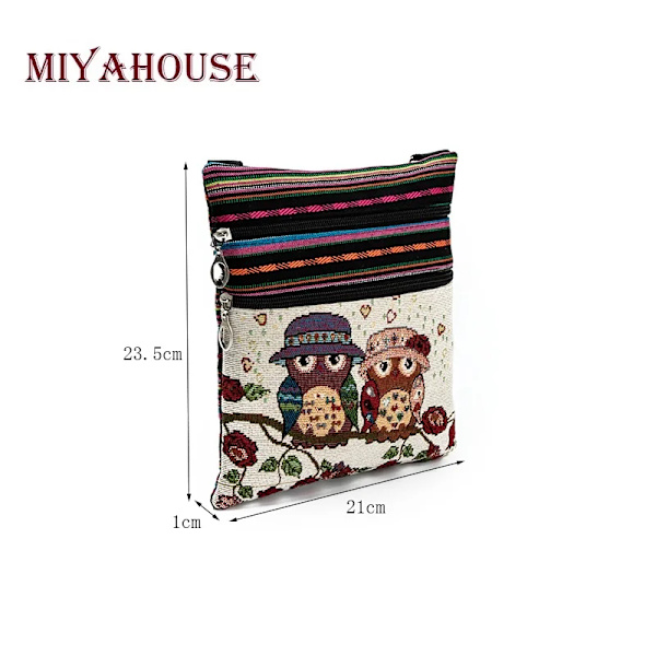 Miyahouse Casual Liten Dubbel Dragkedja Messenger Bag Kvinnor Tecknad Uggla Printed Flap Bag Axelväska Damer 4382c