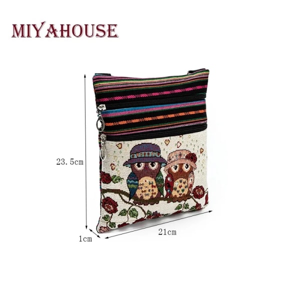 Miyahouse Casual Liten Dubbel Dragkedja Messenger Bag Kvinnor Tecknad Uggla Printed Flap Bag Axelväska Damer 550d