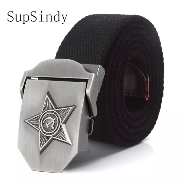 SupSindy Män&Kvinnor Canvasbälten 3D Five Rays Star Army Militär Taktiskt bälte CCCP Patriotiska soldater Man Strap Jeans Midjeband Black 130cm