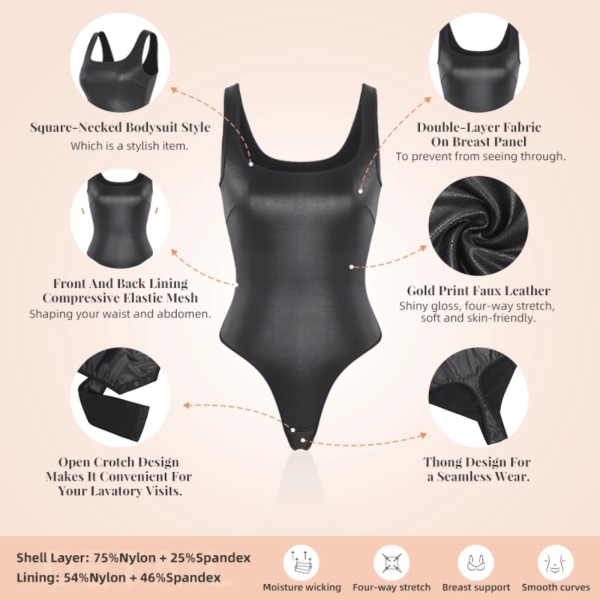 Sexig stringtrosa damkorsett Fyrkantig konstläder Fyrkantig body Shapewear Slimming Slida Kvinna Falt Mage Waist Trainer Black 3XL