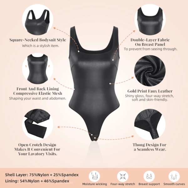 Sexig stringtrosa damkorsett Fyrkantig konstläder Fyrkantig body Shapewear Slimming Slida Kvinna Falt Mage Waist Trainer Black M