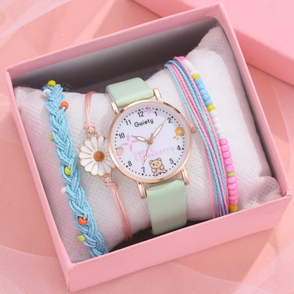 Nytt 5 st Damklocka Watch Set Läder Söt Björn Flickor Armbandsur Mode Dam Quartz Klocka reloj mujer Studentpresent B green