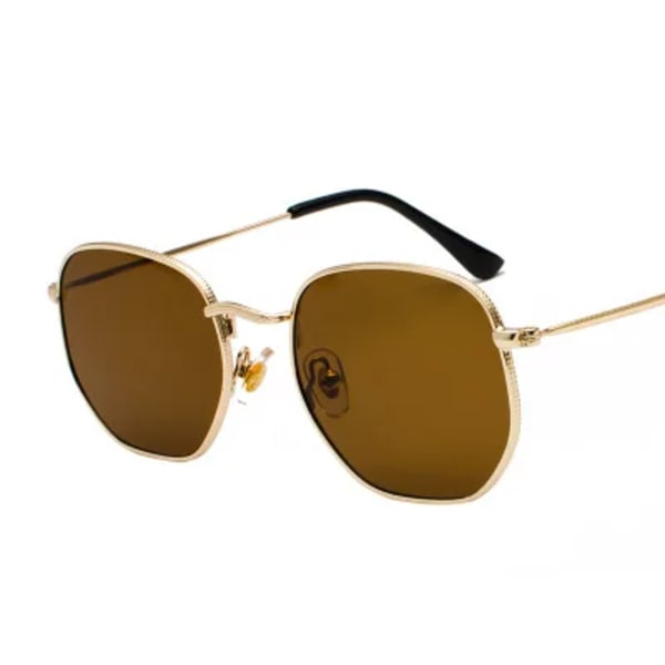 Hexagon Solglasögon Dam Märke Designer Solglasögon Män Fyrkantig metallbåge Körning Fiske Glasögon Goggle Zonnebril Mannen gold tea No Polarized