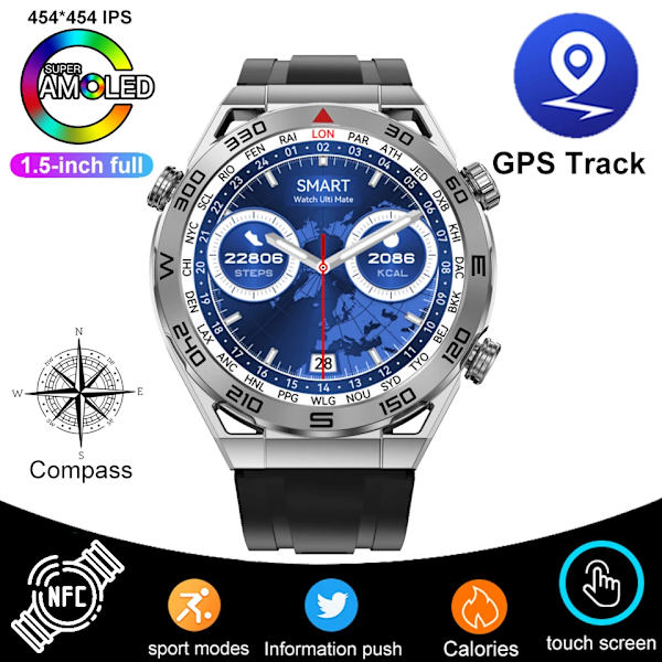 GPS-bana Ny Smartwatch Herr 1,5 tum 454*454 HD Bluetooth Calling NFC-klockor Kompass Vattentät EKG Smartwatch För Huawei Silver