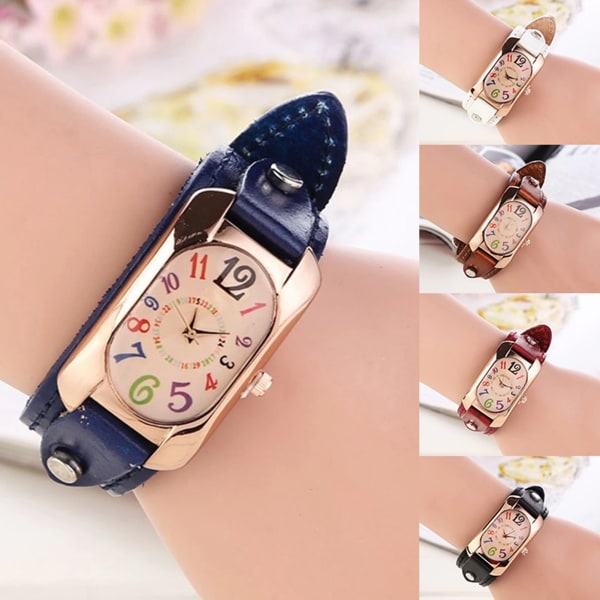 Vintage Casual Watch Alloy Urtavla Faux Läder Armband Avlångt case Analog Quartz Clock Dam Armbandsur Relojes Para Mujer Blue