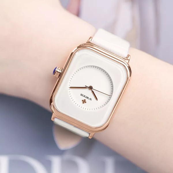 Mode Damklockor 2023 WWOOR Vit Läder Minimalistisk Rektangel Dam Quartz Klänning Armbandsur Relogio Feminino Montre Femme pink box