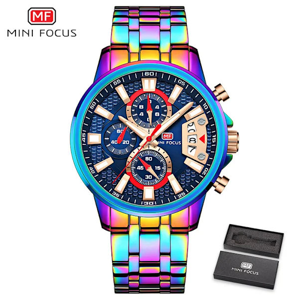 MINI FOCUS Luxury Sports Quartz Watch för män Mode Chronograph Multifunktion Vattentäta klockor Rostfritt stål Armband Klocka BOX RAINBOW BLUE