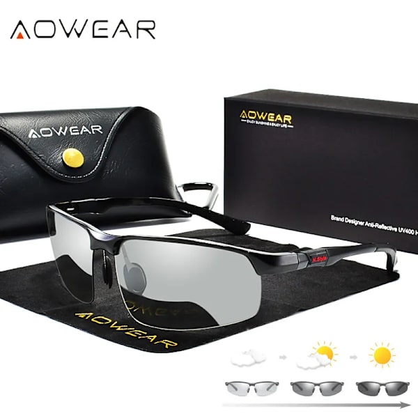 AOWEAR Photochromic Solglasögon Män Polariserade Day Night Driving Glasögon Högkvalitativa aluminium bågar kameleontglasögon Gafas C2 Black Original