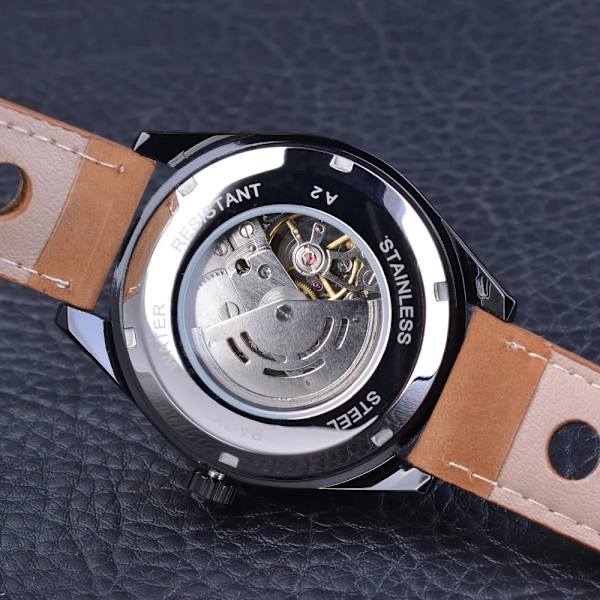 Forsining 2017 Herr Casual Watch Brunt äkta läderarmband Toppmärke Lyx Automatisk Watch Skelettklocka Black