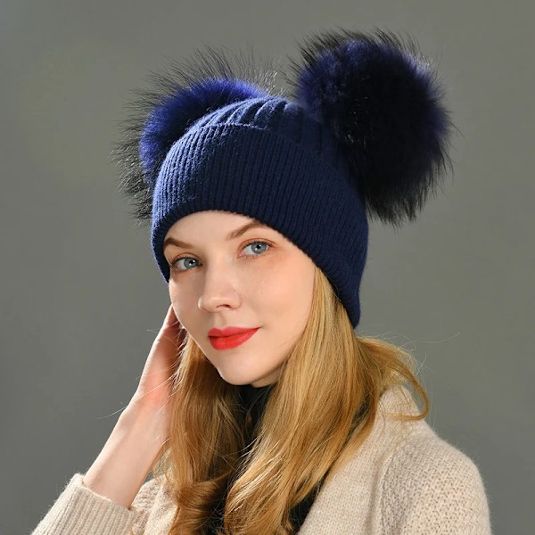 Dubbel Pompom-mössa för kvinnor, vintermössor, stickade mössor, mössor, beanies, flickor, två pompom-mössa Light grey match fur
