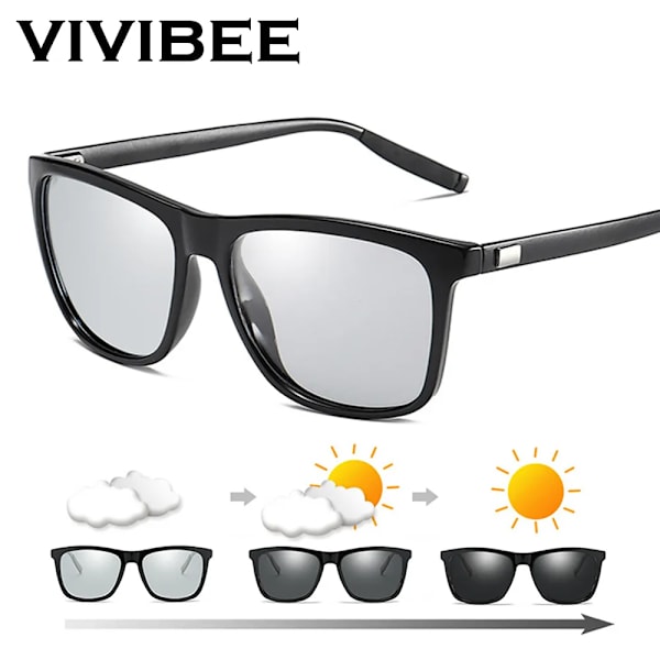 VIVIBEE Color Change Grå Båge Fotokromatisk Polariserade Solglasögon Män Fyrkantiga Klassiska Chameleon Glaases Transition Lens Glasögon 3 Black Silver Photochromic