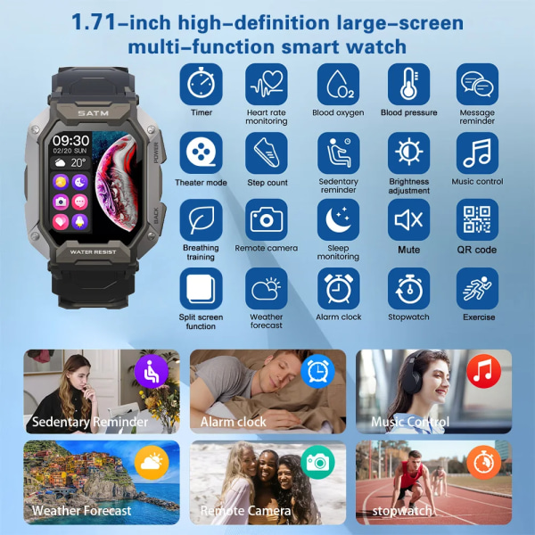 SKMEI 1,71 tum Smart Watch Herr Stegräknare Simning Sport Fitness Tracker IP68 Vattentät Bluetooth SmartWatch för Android ios Green 2