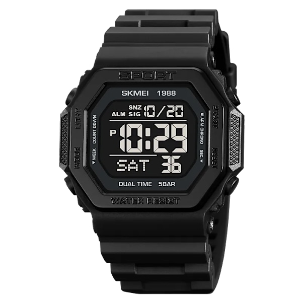 SKMEI 1988 Digitala Sportklockor Herrmode Bakljus Military Man Watch Countdown Armbandsur Vattentät Herrklocka Reloj 1988 Black