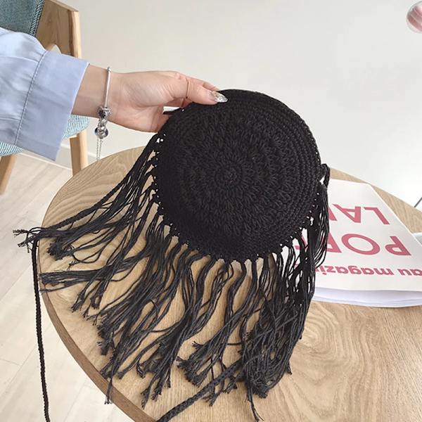 Gusure Sommar Rund Halm Rottingväska Casual Handgjorda vävda Strandväskor Kvinna Stor kapacitet Axelväskor Resehandväska säck cotton-black