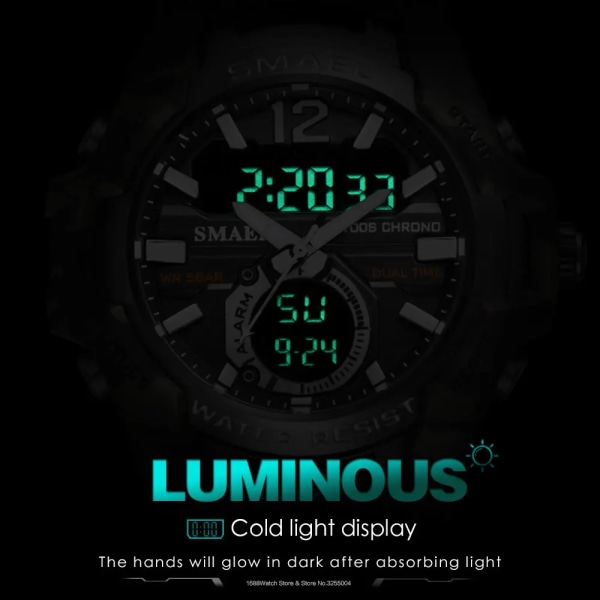SMAEL Sport Digitala klockor för män Army Kamouflage Simning Armbandsur Väckarklocka Kalender LED Bakgrundsbelysning Dual Time Watch 1805 Camo Khaki-Box