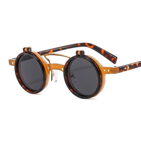 Mode små runda dubbelbroar Solglasögon för kvinnor Retro Punk Vintage Flip Lens Shades UV400 Män Nitar Solglasögon C2