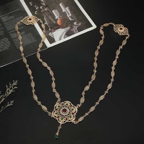 Marockanska bröllopsryggsmycken för kvinnor Blomdesign Guldfärg Kristall Axelkedja Smycken Kaftan långt halsband mix red  stone 45cm