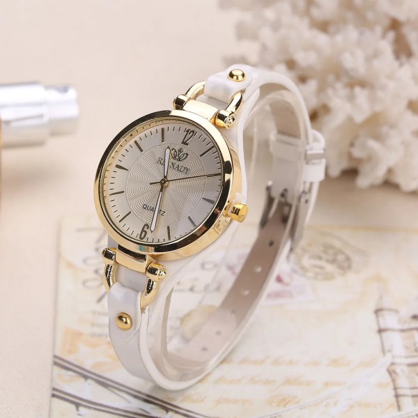 Kvinnor Casual Klockor Rund Urtavla Nit PU Läderarmband Armbandsur Dam Analog Quartz Watch Present White