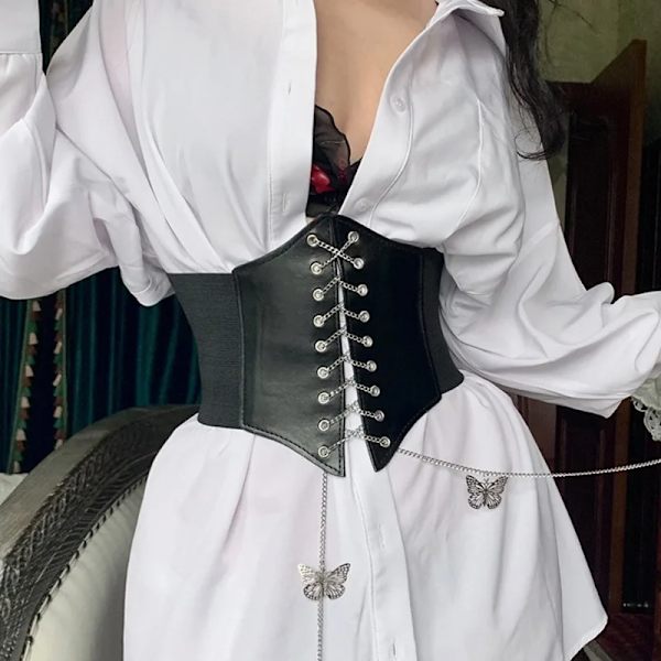 Broderad Svart Dam Bälte Blomma Midjekorsett Vacker Stretch Elastisk Midjeband Bred Korsett PU Läder Midja Smal black 65cm 69-95cm