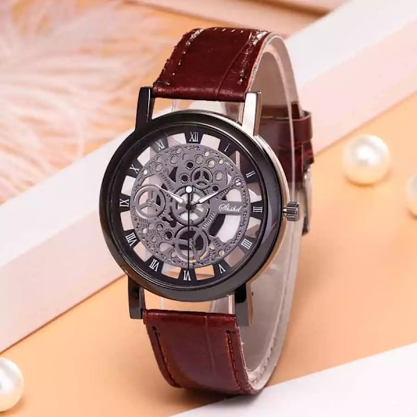 2020 Herrklockor Mode Transparent Hollow Klockor Läderband Quartz Armbandsur Kampanjpris Reloj Hombre gold black2