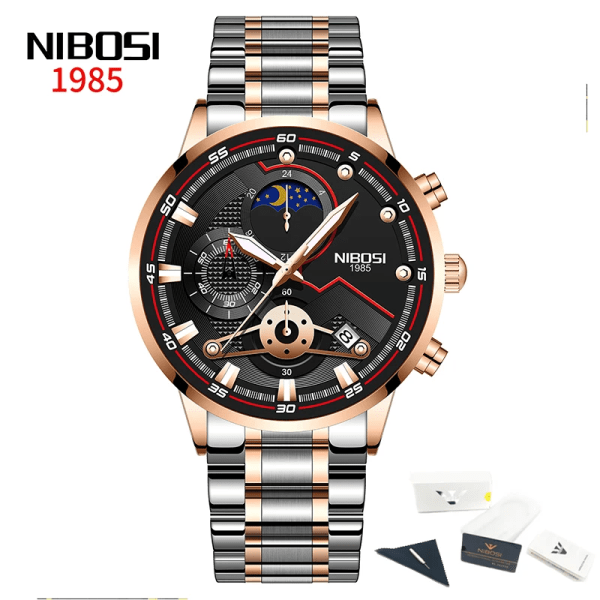 Nytt mode NIBOSI Watch för män Lyx Sport Kronograf Vattentät rostfritt stål kvartsklockor Herr Relogio Masculino Q