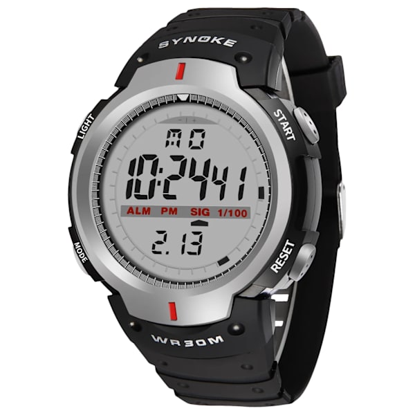 SYNOKE Big Numbers Watch Herr 50M Vattentät Manklocka Alarm Stoppur Multifunktion Digitala klockor Relogio Masculino Silver - Black