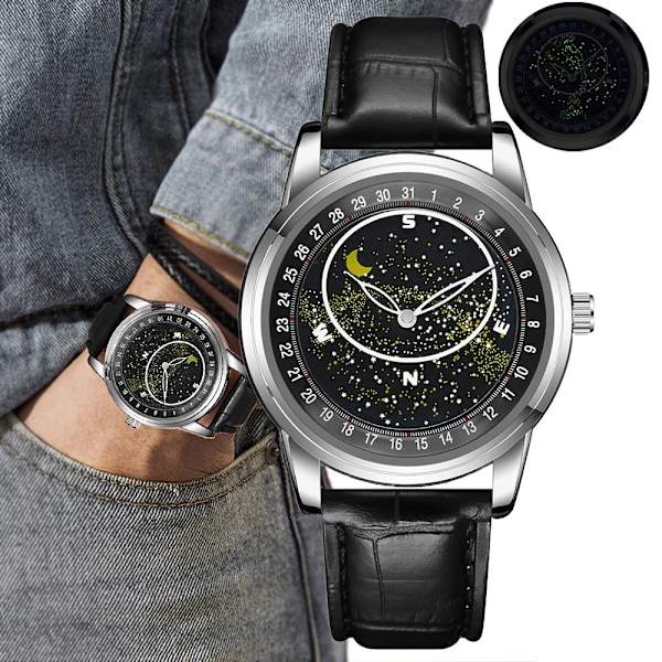 Mode Kreativitet Märkesklockor För män Lysande stjärnhimmel Design Watch Comfort PU Läder Herr Armbandsur Klocka black