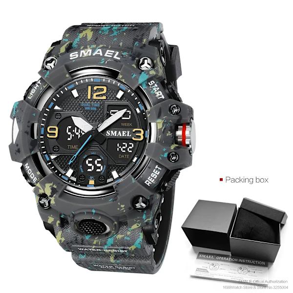 SMAEL Dual Time Watch för män Mode Vattentät Quart Digital Armbandsur Väckarklocka LED Bakgrundsbelysning Kalenderklockor 8008 Camo Gray-Box