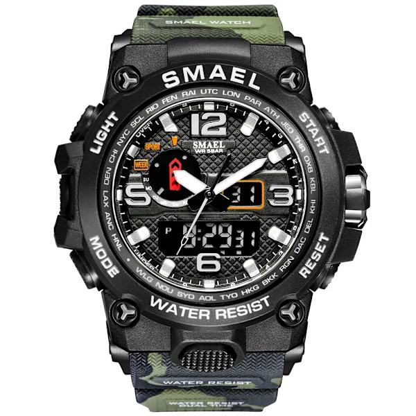 SMAEL klockor för män 50M vattentät klocka Alarm reloj hombre 1545D Dual Display Armbandsur Quartz Military Watch Sport Ny Herr CAMOARMYGREEN