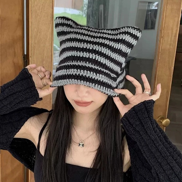 Harajuku Punk Gothic Stickad Kattöron Liten Djävulsmössa Millennium Kvinna Kawaii Designer Vinter Handgjord Beanie Keps för Kvinnor style 08