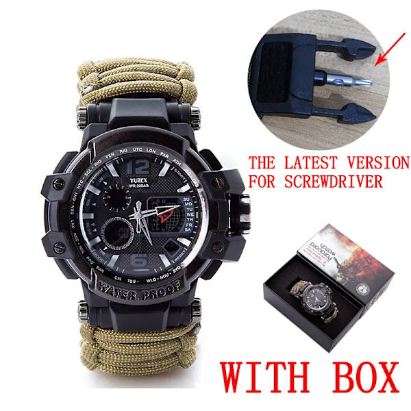 Utomhus Survival Watch Multifunktionell Vattentät Militär Taktisk Paracord Watch Armband Camping Vandring Nödutrustning EDC khaki with box